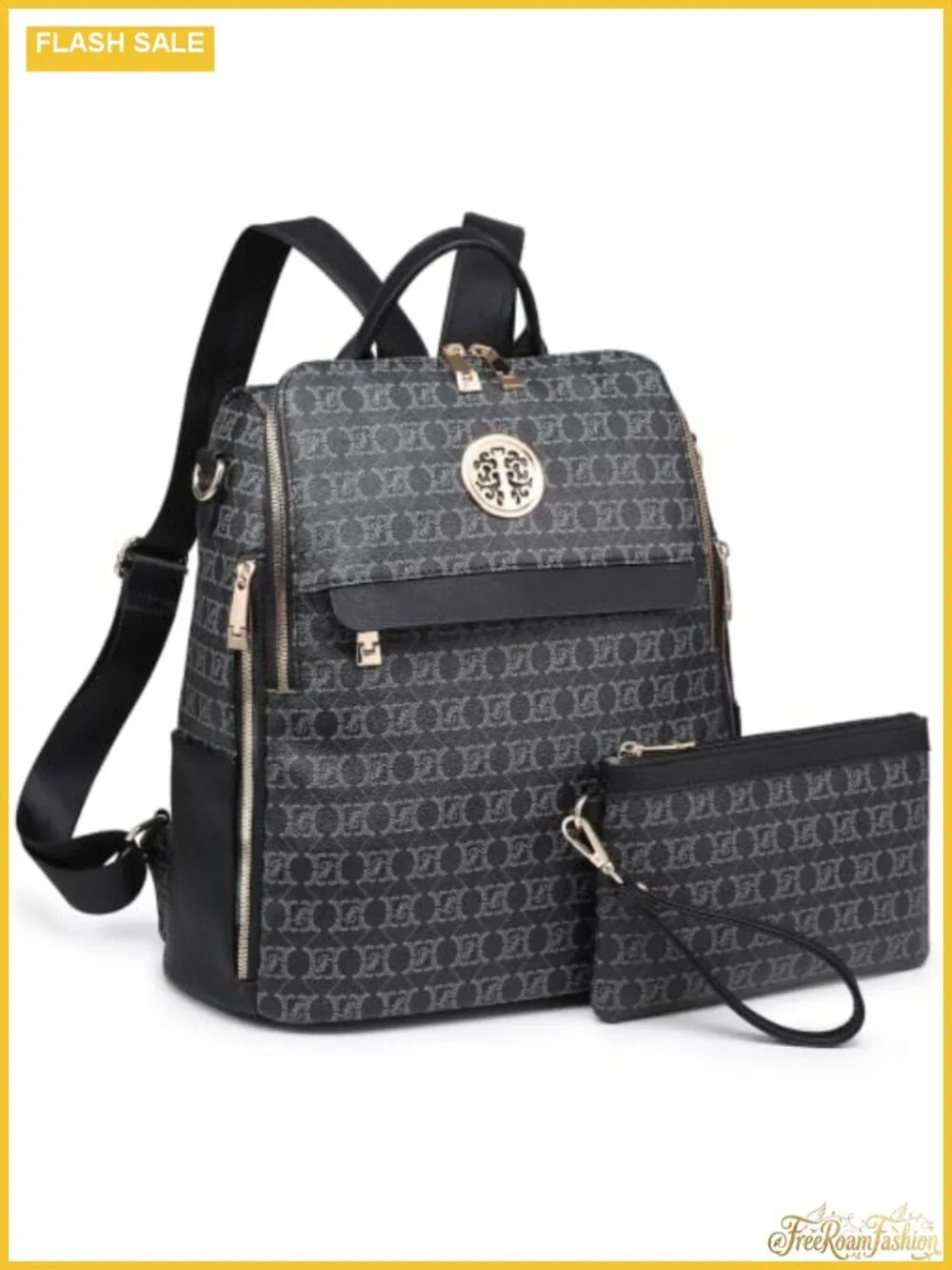 Women's Convertible Faux Leather Backpack Purse 2PC Set with Wristlet
